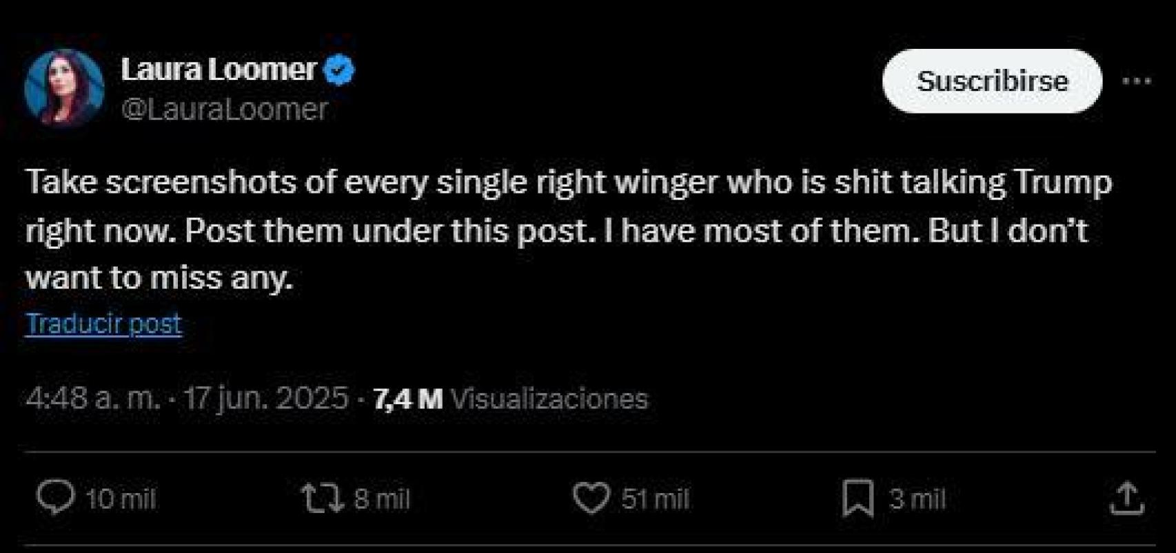 Captura del tuit de Loomer.