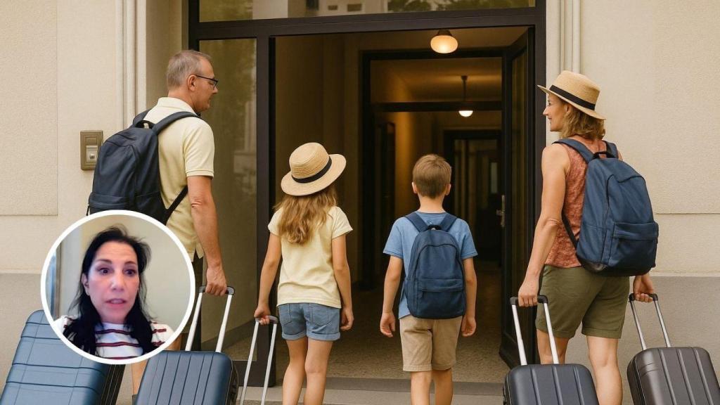 Montaje con familia de turistas entrando a un piso turístico y Silvia Blasco, presidenta de la Federación Española de Viviendas Turísticas.