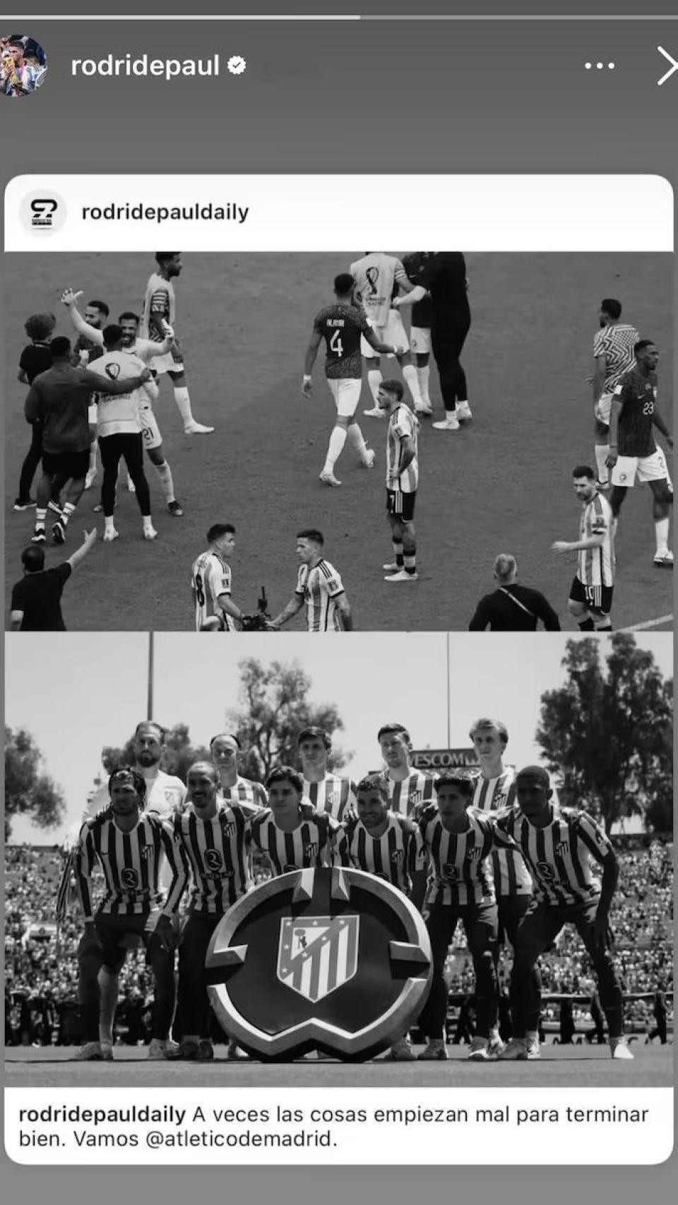 Post de Rodrigo de Paul en una 'storie' de Instagram,