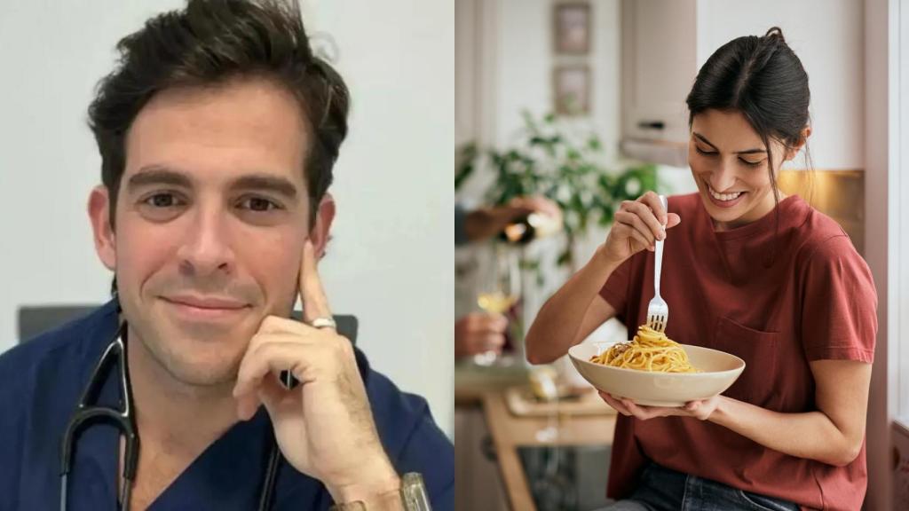 El doctor Aurelio Rojas y una persona comiendo