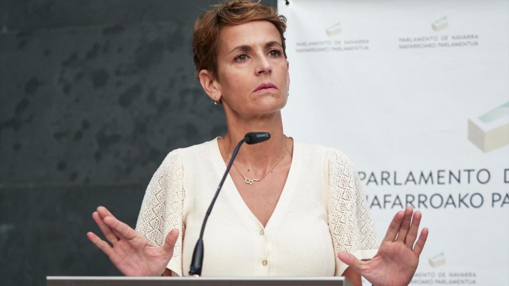 La presidenta del Gobierno de Navarra, María Chivite, en la rueda de prensa de este jueves.