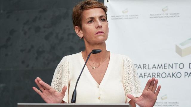 La presidenta del Gobierno de Navarra, María Chivite, en la rueda de prensa de este jueves.
