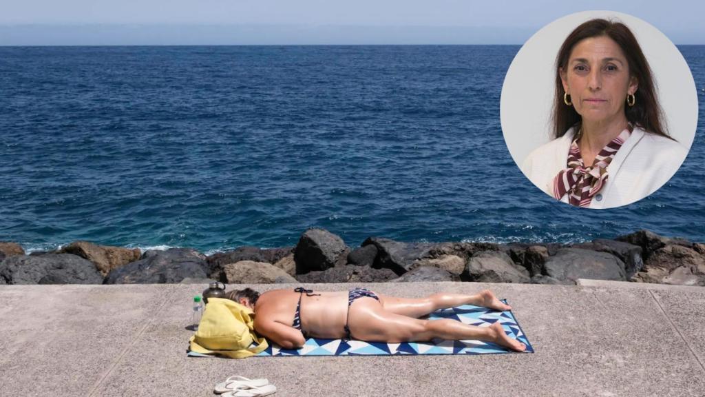 Una mujer tomando el sol y la especialista en dermatología Francisca Valcuende.