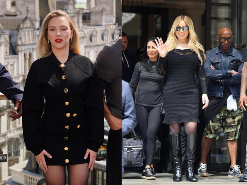 Scarlett Johansson y Mariah Carey, posando en el Corinthia London.