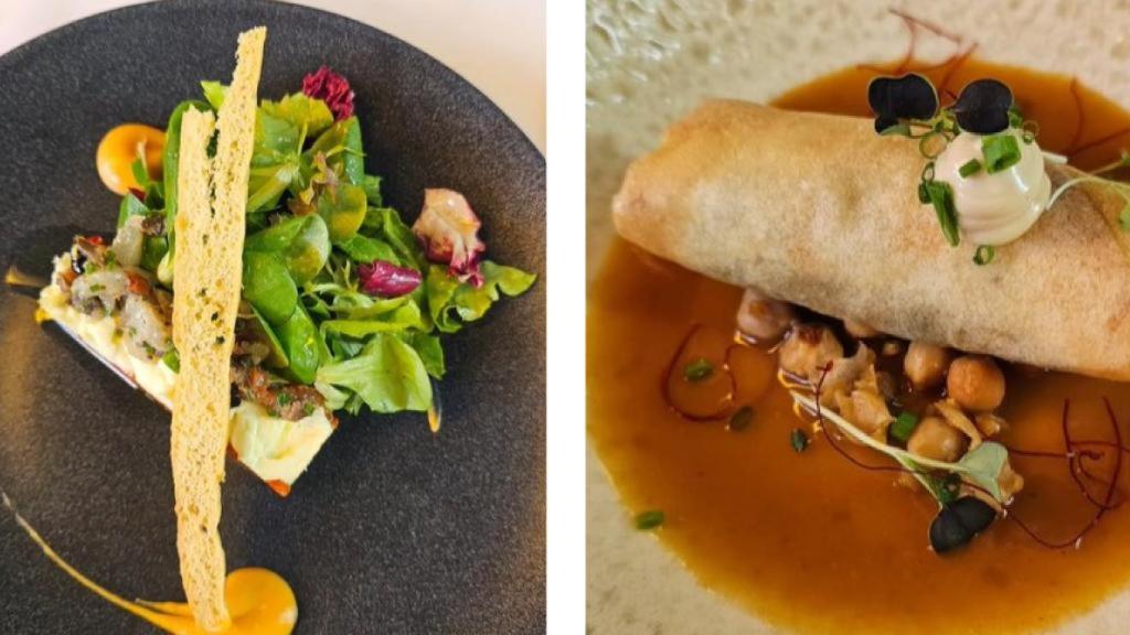 Ensalada de brandada con pimientos morrones y rollito crujiente con ragout vegetal.