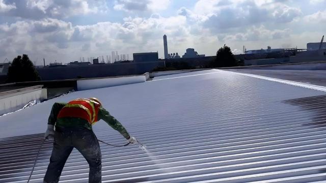 Un operario pintando el techo de una de las instalaciones de la NTU
