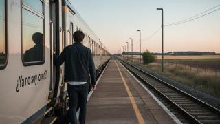 Un joven subiéndose a un tren.