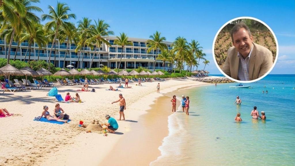 Montaje con hotel de playa con turistas y Morey Pérez, experto en turismo.