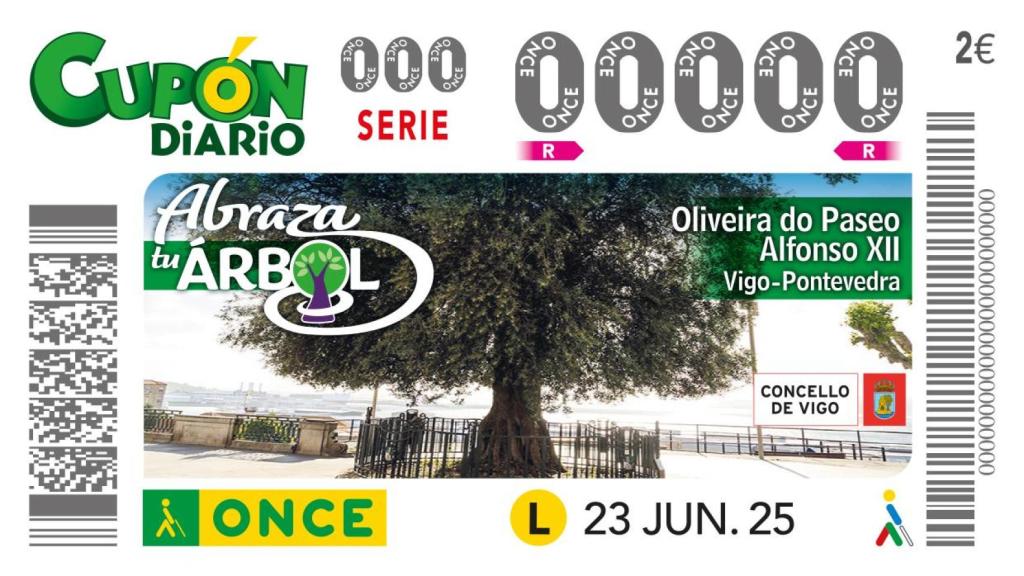 Cupón de la ONCE dedicado a la Oliveira do Paseo Alfonso XII, de Vigo.