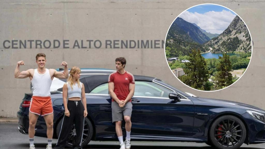 Montaje de una imagen de los actores Nuno Gallego, Clara Galle y Agustín Della Corte en la serie Olympo, y el lugar de Aragón donde se ha grabado.