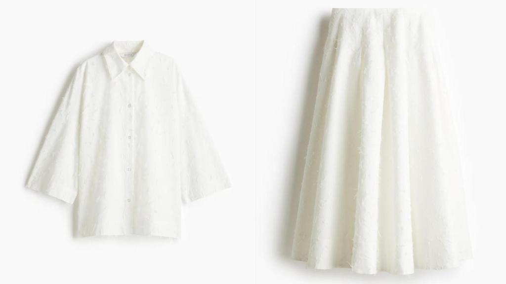 Camisa oversize y falda evasé con flecos decorativos.