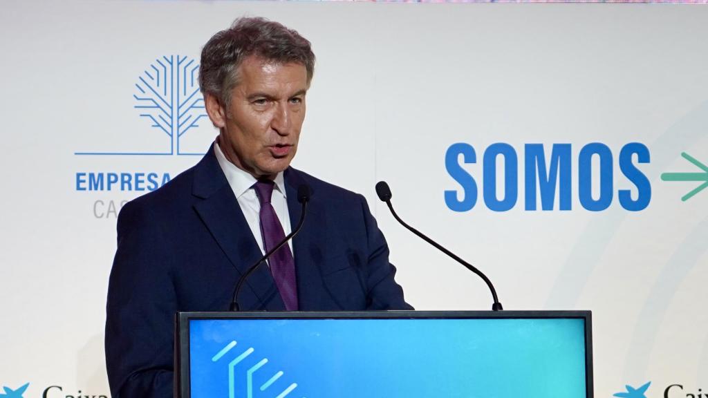 El presidente del PP, Alberto Núñez Feijóo, durante su intervención en el 11º Congreso de Empresa Familiar de Castilla y León, este viernes en el municipio vallisoletano de San Bernardo
