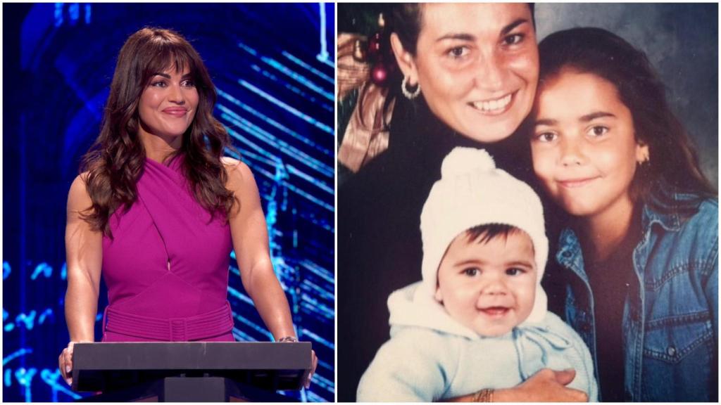 Lara Álvarez, presentadora de 'La Conexión', en la actualidad y de niña junto a su familia.