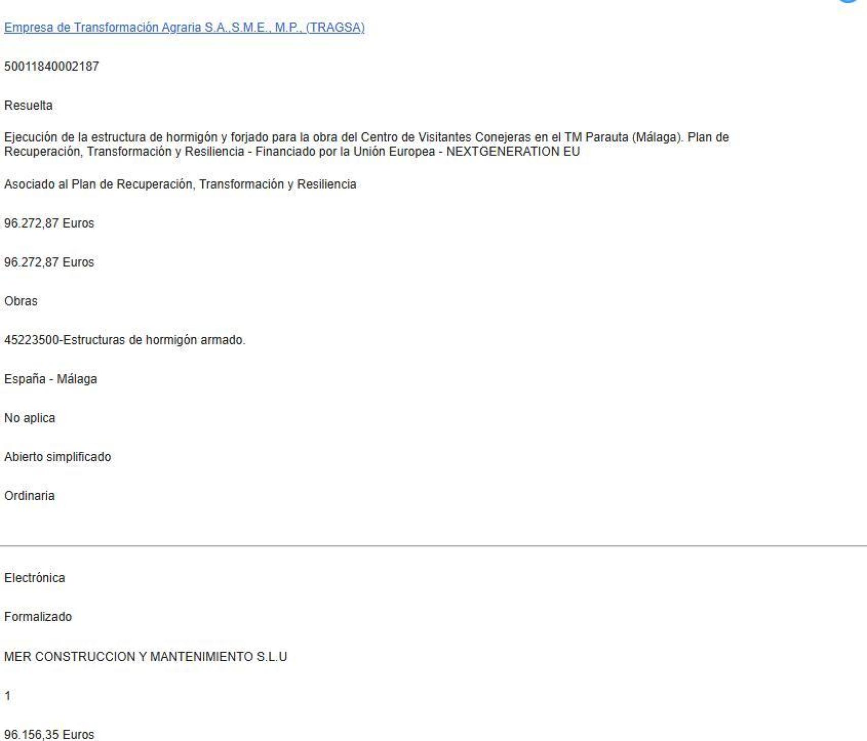 Adjudicación a la empresa de Fernando Merino.