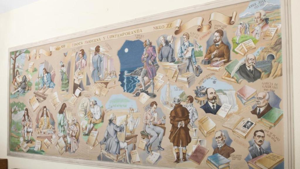 Uno de los murales de Antonio Cobos en el departamento de matemáticas en el Ramiro de Maeztu: 'Siglo XVII. Epoca Moderna y Contemporanea Siglo XX'.