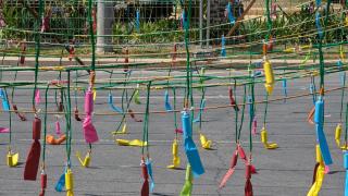 La colorida instalación de la pólvora para la mascletà en Luceros esta semana en Alicante.