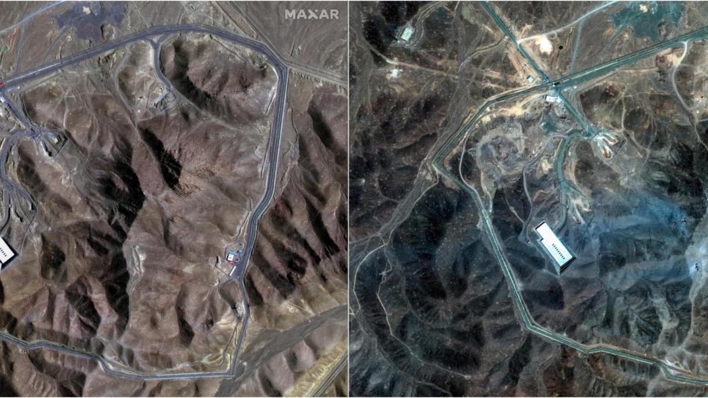 Antes y después de la zona de Fordow, tras los bombardeos de EEUU.