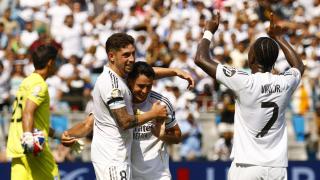 Los jugadores del Real Madrid celebran el gol de Fede Valverde ante Pachuca.