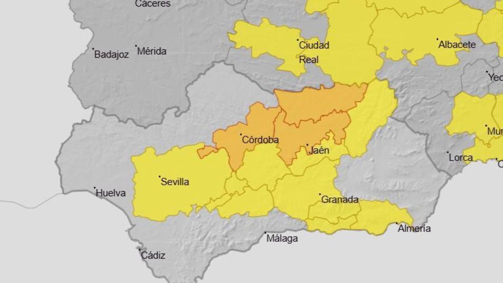 Mapa con los avisos de la Aemet por calor en Andalucía.