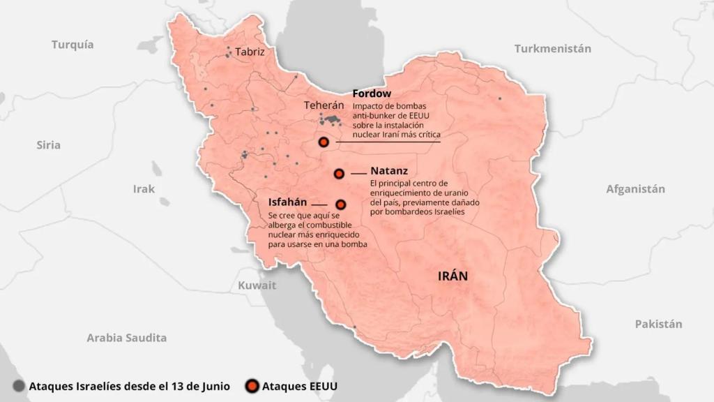 Mapa de las instalaciones nucleares iraníes bombardeadas por EEUU y ataques israelíes.