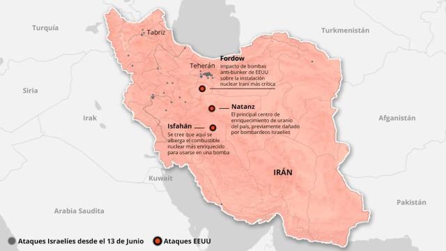 Mapa de las instalaciones nucleares iraníes bombardeadas por EEUU y ataques israelíes.