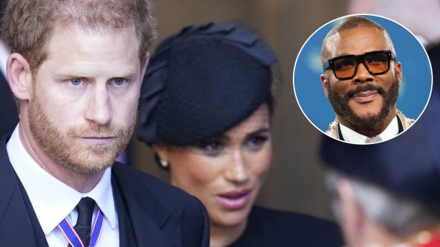 El príncipe Harry y Meghan Markle en un fotomontaje con Tyler Perry.