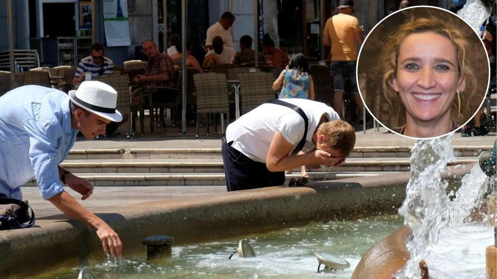 Eugenia del Río y dos personas mojándose en una fuente.
