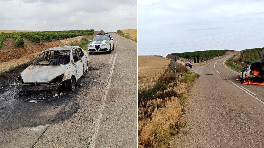 Las llamas en el turismo y el coche totalemente calcinado