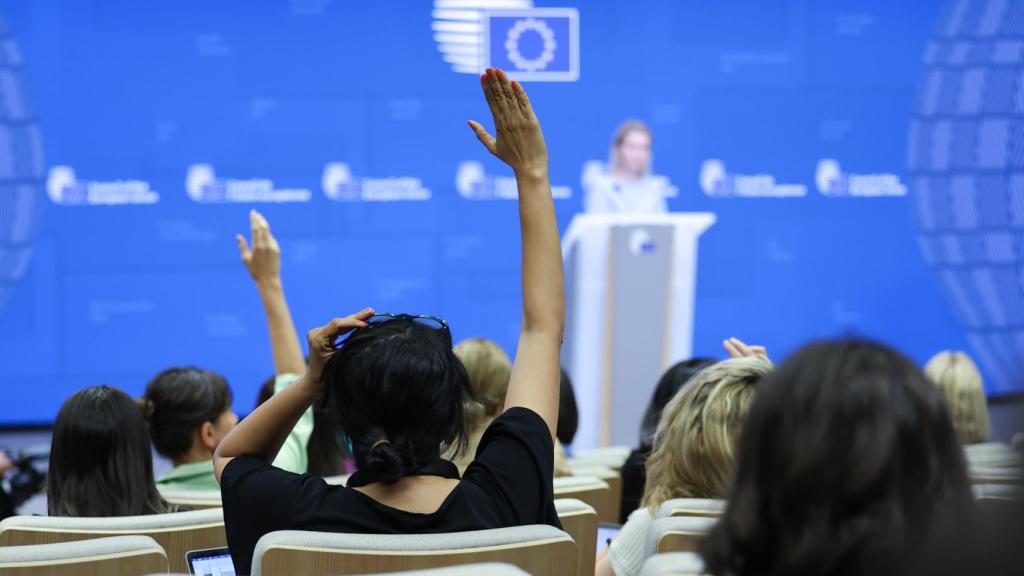 La jefa de la diplomacia europea, Kaja Kallas, durante la rueda de prensa de este lunes en Bruselas