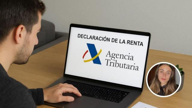 Montaje con una persona rellenando la declaración de la Renta y Tu Experta Fiscal.