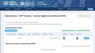 Resgitro de entrada del informe alternativo en el Comité de Derechos Humanos de la ONU fechado el 27 de mayo de 2025.