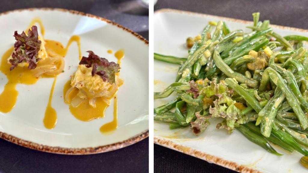 La raya en escabeches y las judías verdes con praliné de pistachos.