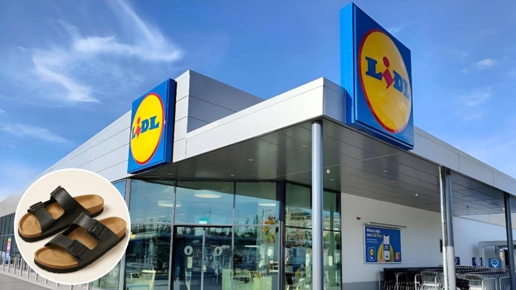 Montaje con un Lidl y, a su lado, las sandalias de cuero tipo Birkenstock.