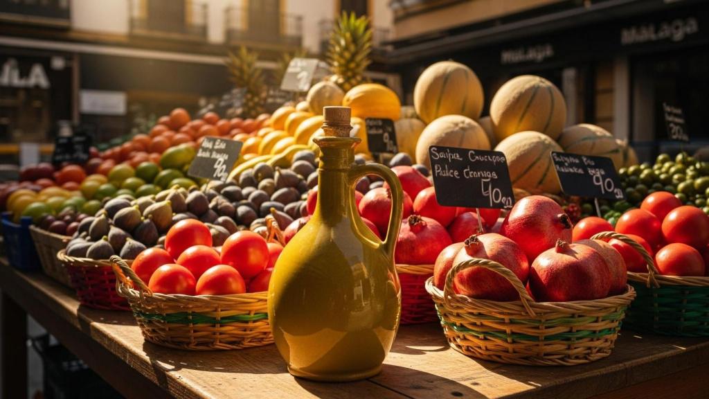 Una imagen de frutas y aceite de oliva.