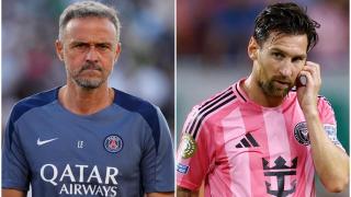 Luis Enrique, entrenador del PSG a la izquierda, Leo Messi durante su etapa en el club francés a la derecha.
