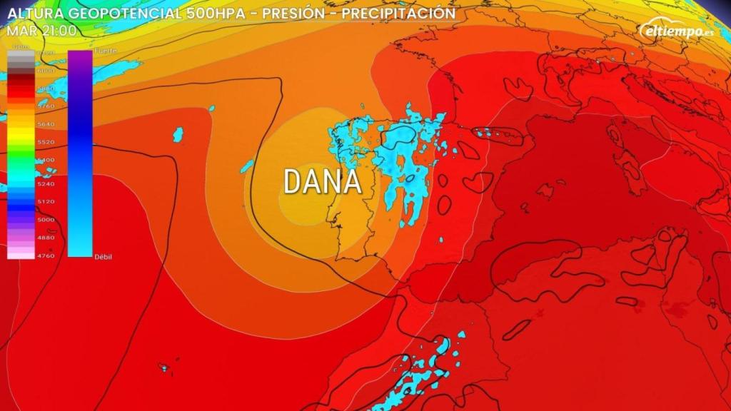 La DANA al oeste de España y chubascos asociados