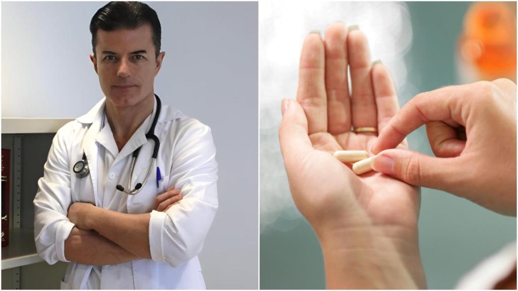 Collage con una fotografía del médico Manuel Viso y, junto a ella, una imagen de cápsulas de vitamina D.