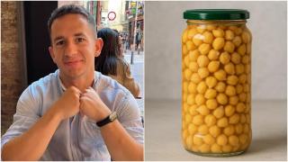 Collage que muestra al nutricionista Carlos Daza junto a una imagen de garbanzos en conserva.