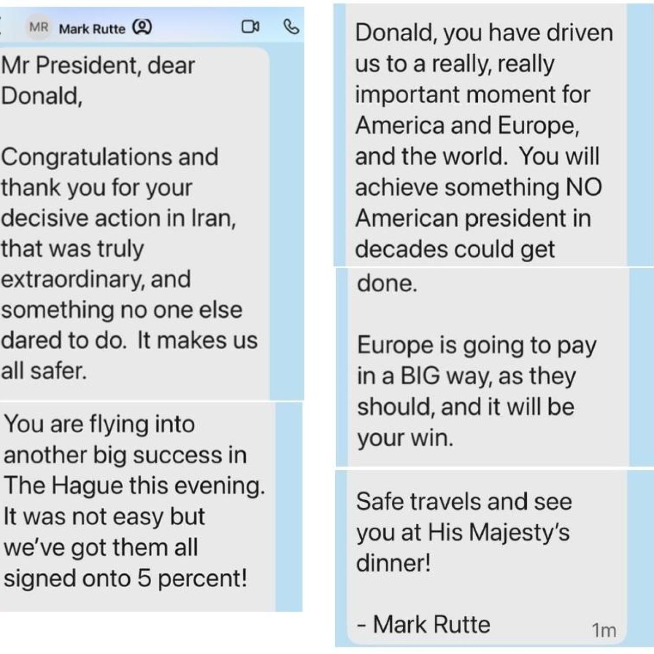 Captura del mensaje de Rutte que filtró Trump.