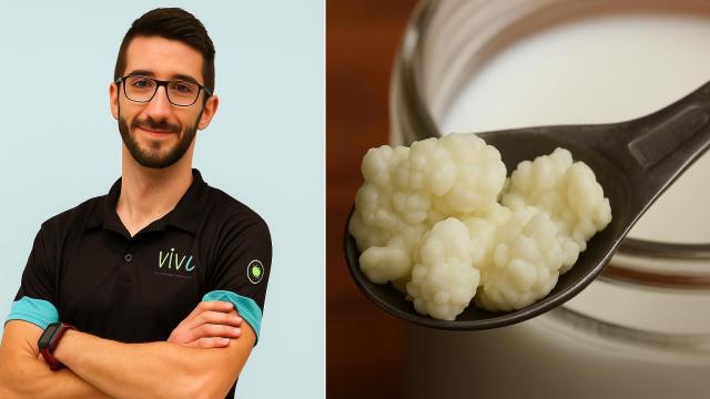 Un collage con el nutricionista Javier Sánchez y, a su lado, una cuchara con kéfir.