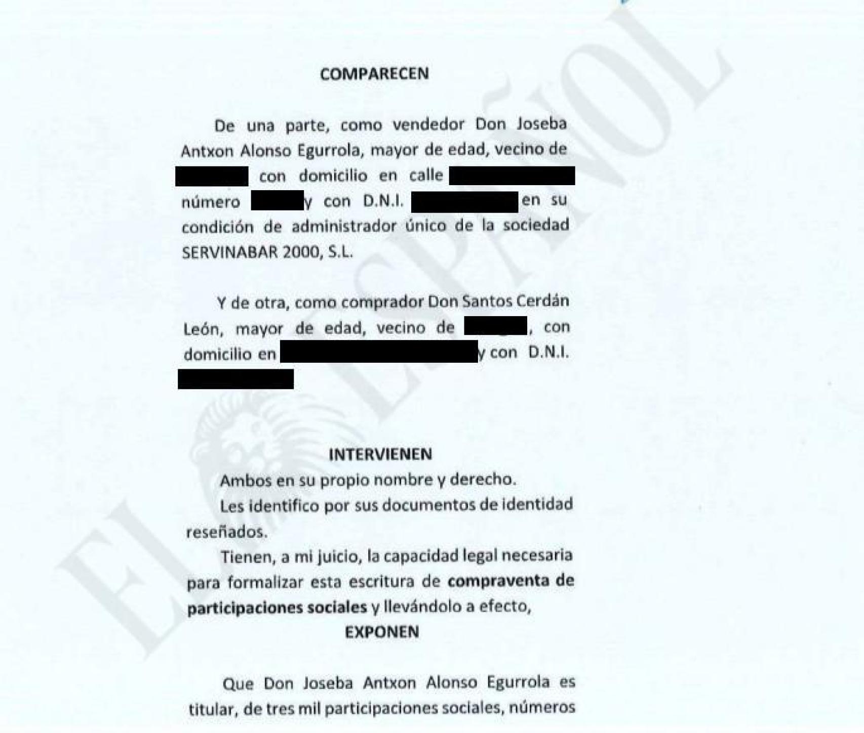 Primera página del contrato de compraventa de participaciones de Servinabar.