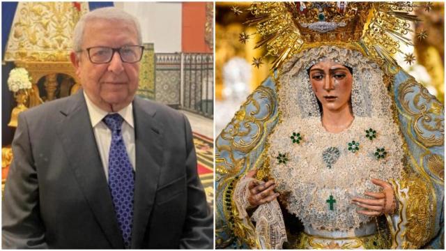 El profesor Francisco Arquillo junto a una imagen de la Macarena ya restaurada.