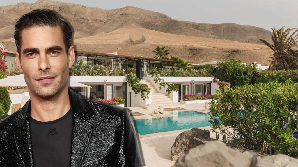 Jon Kortajarena junto a su finca de Lanzarote en un montaje de JALEOS.