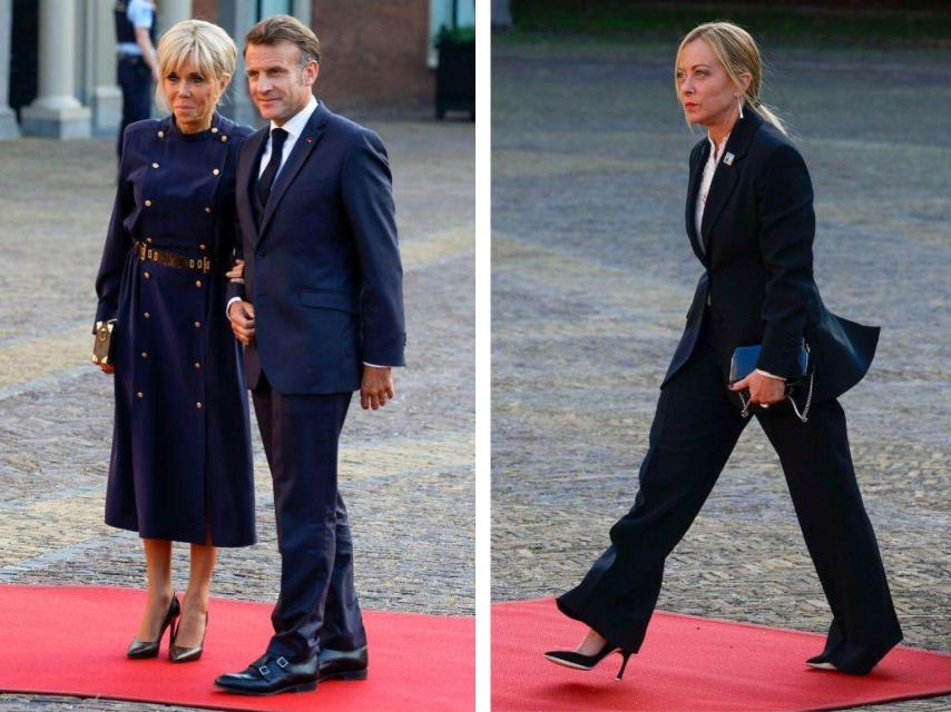 Macron y su esposa y Georgia Meloni, a su llegada.