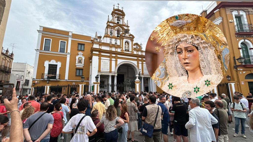 Los hermanos de la Macarena se congregan frente a la Basílica para protestar por la restauración de la Virgen.
