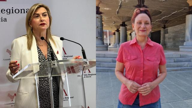 Las portavoces de PSOE y Podemos en la Asamblea Regional, Carmina Fernández (i) y María Marín (d).