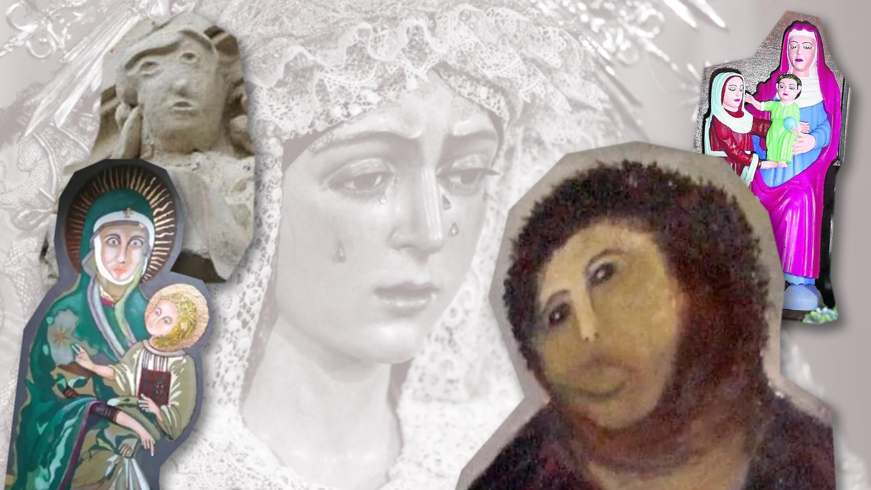 La imagen de la Virgen de la Macarena restaurada junto a varios ejemplos de intervenciones desastrosas recientes en obras de arte españolas