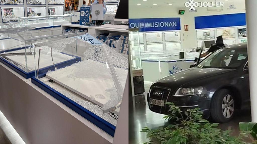 Los mostradores reventados y los atracadores en el momento del robo.