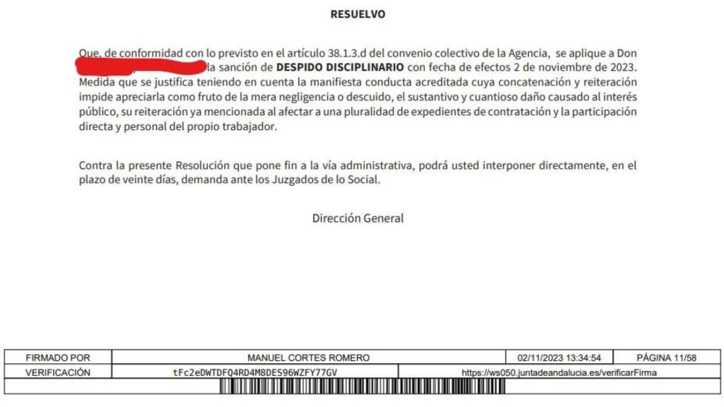 Documento de despido del trabajador, año y medio antes de la denuncia de la Fiscalía.