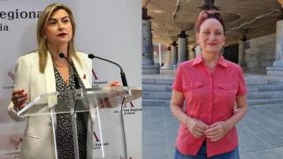 Las portavoces de PSOE y Podemos en la Asamblea Regional, Carmina Fernández (i) y María Marín (d).